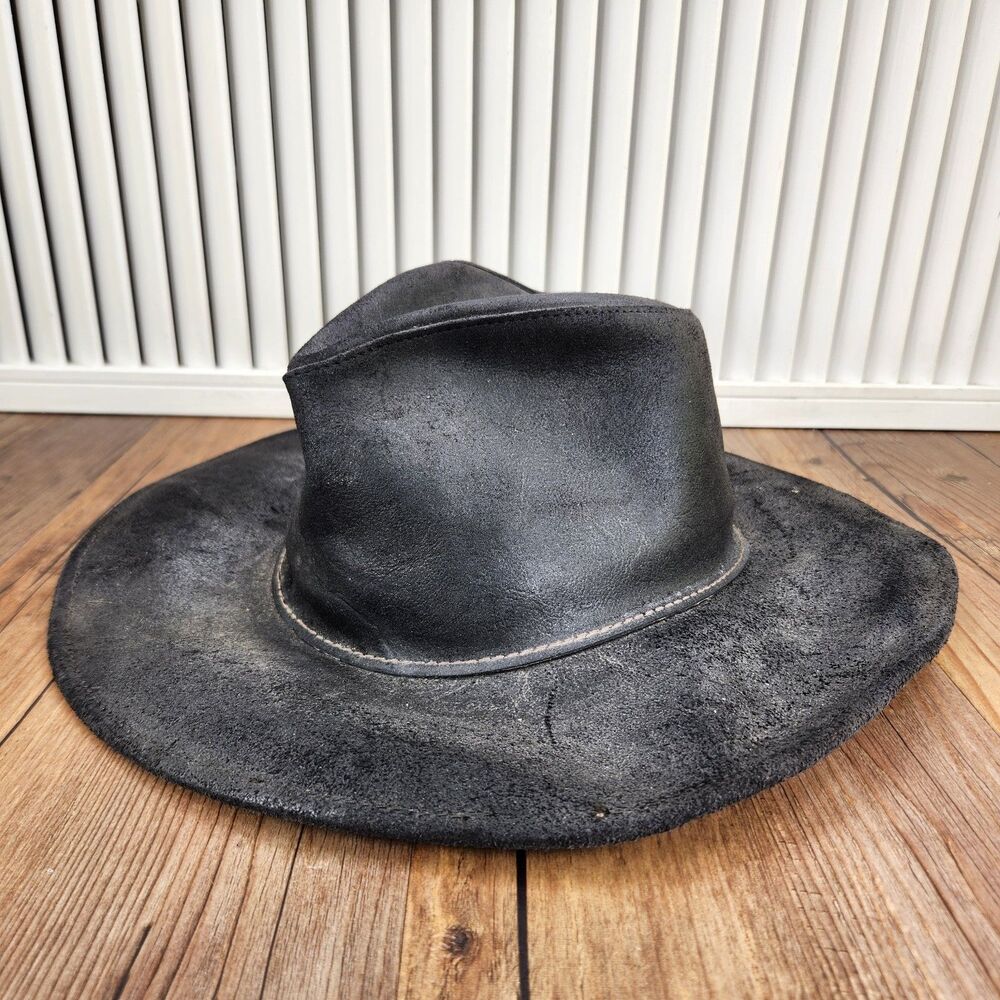 VINTAGE Henschel Hatquarters USA Black Leather Western Outback Cowboy Hat Medium